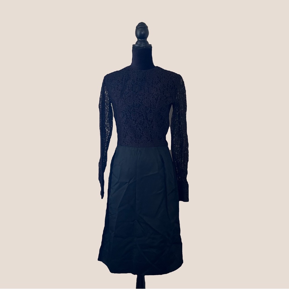 Vintage Sheer Bodice Black Lace Cocktail Party Sheath Dress